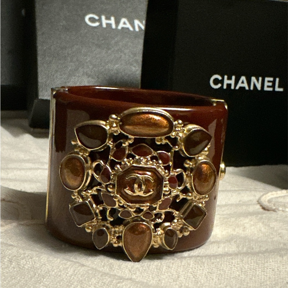 Authentic CHANEL Gold and Brown Embellished Bracelet